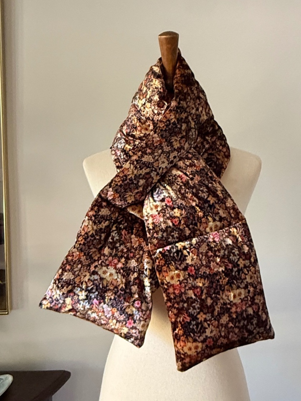Anthropologie Brown Floral  Velvet Puffer Scarf